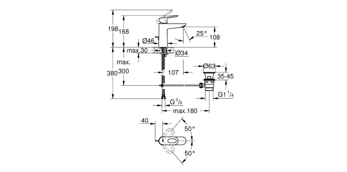 Grohe Eurostyle single lever basin mixer technical dimensions chart