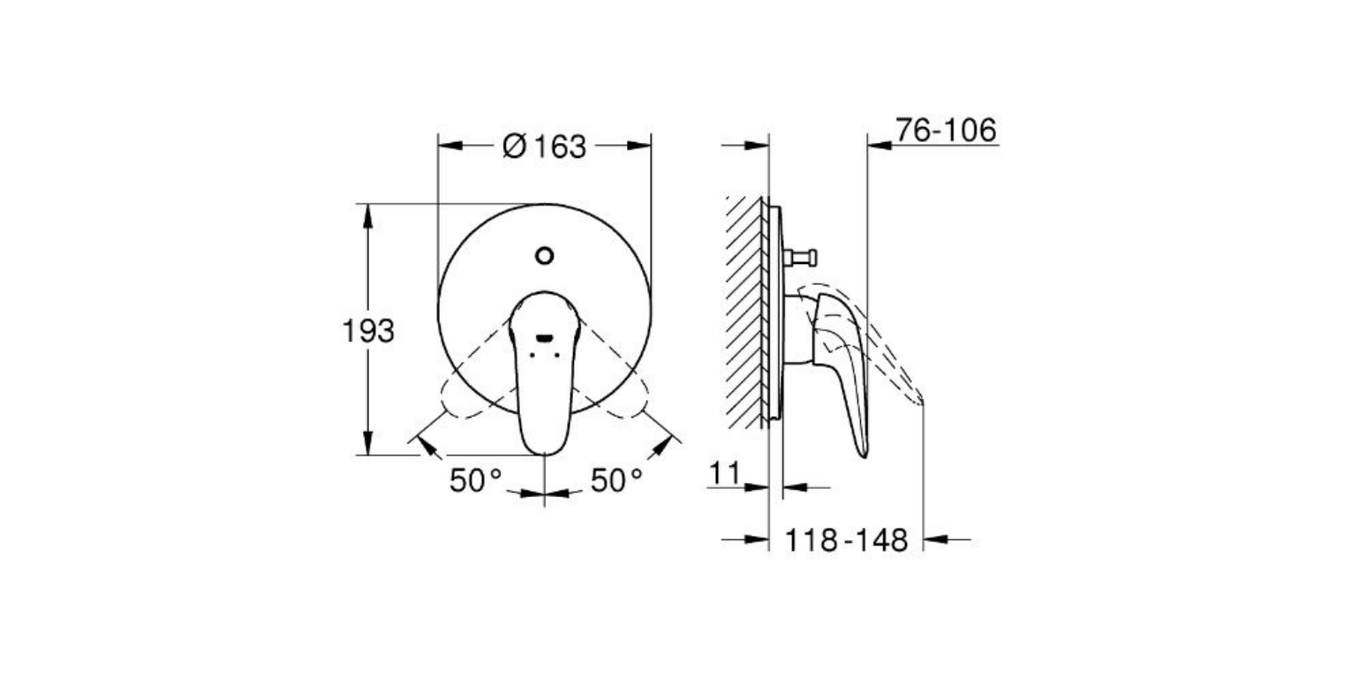 Grohe Eurostyle Cosmo bath shower mixer trim technical dimensions chart