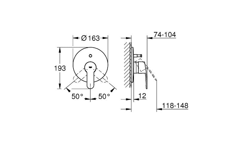 Grohe Eurostyle bath shower mixer trim technical dimensions chart