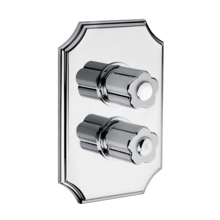 A built-in shower thermostatic mixer with a silver finish and two control knobs.