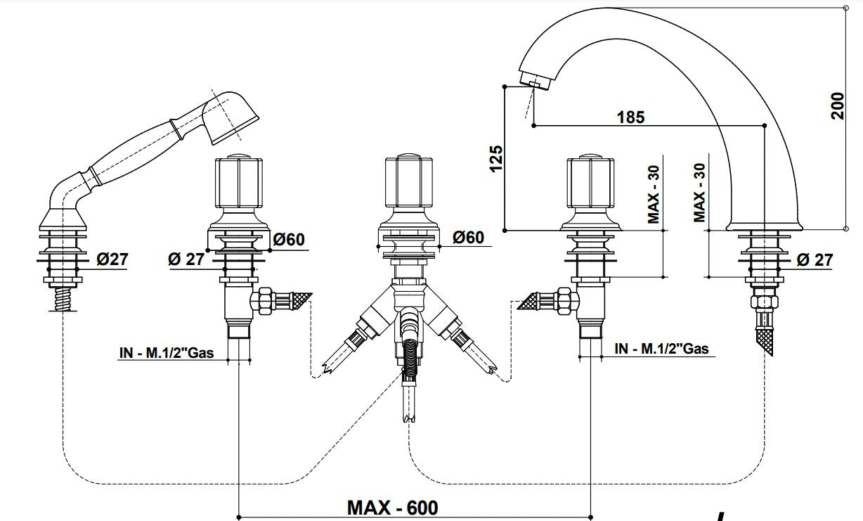 five hole bath tub mixer with shower st dimensions chart Bongio Fleur