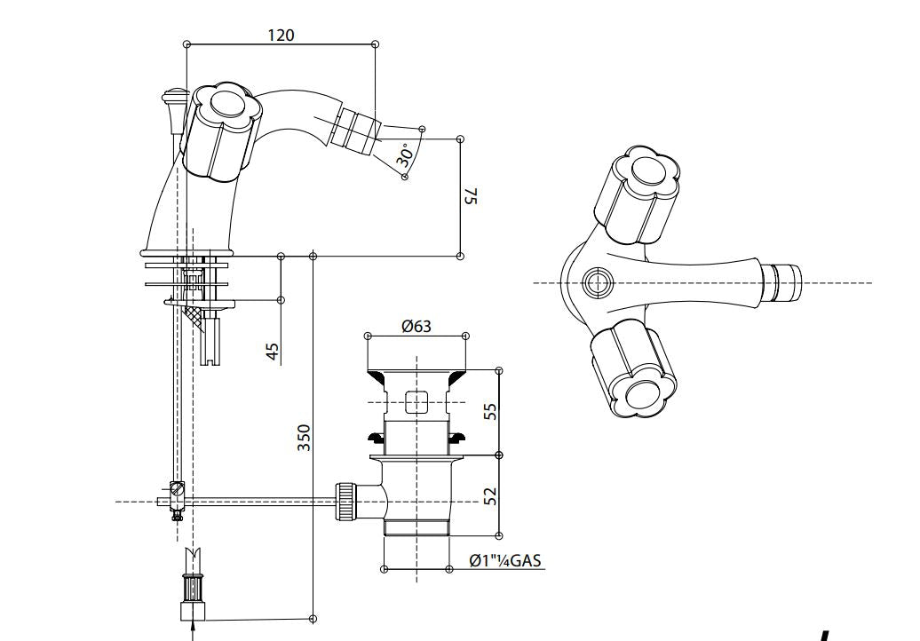 single hole bidet tap dimensions chart Bongio Fleur