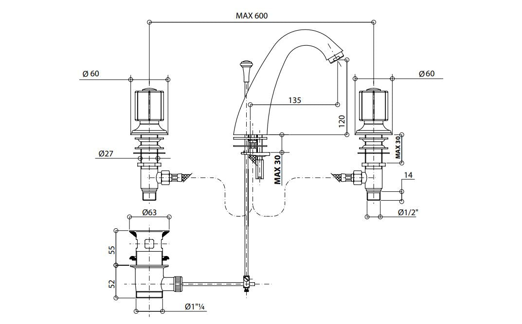 three hole basin mixer dimensions chart Bongio Fleur