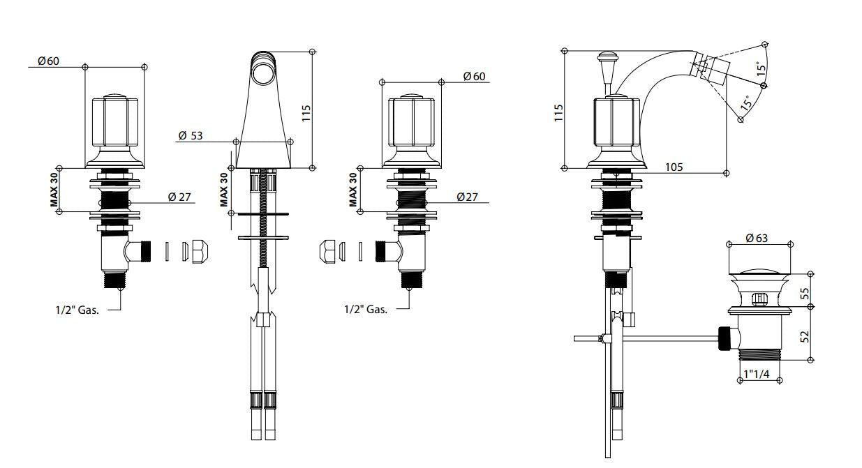 three hole bidet mixer dimensions chart Bongio Fleur