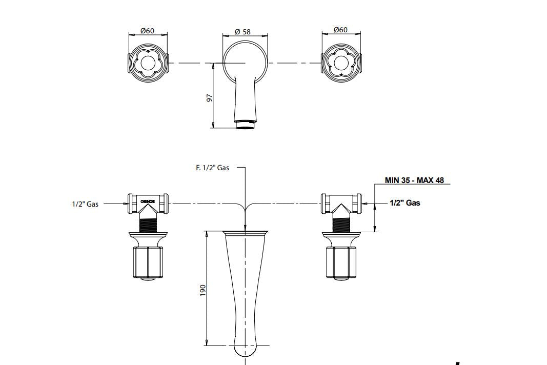 wall mounted basin faucets 190 mm spout dimensions chart Bongio Fleur
