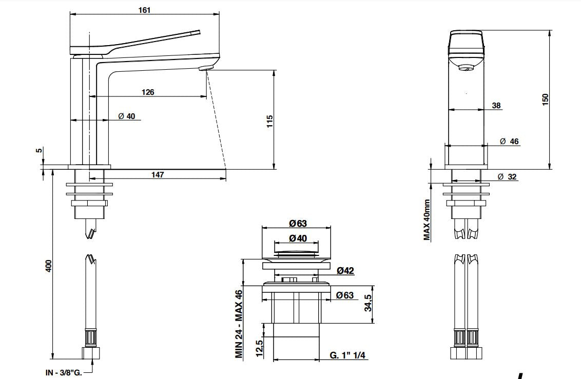 modern bathroom mixer tap dimensions chart Bongio Gio2
