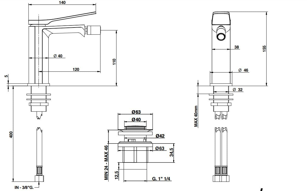 bidet mixer dimensions chart Bongio Gio2
