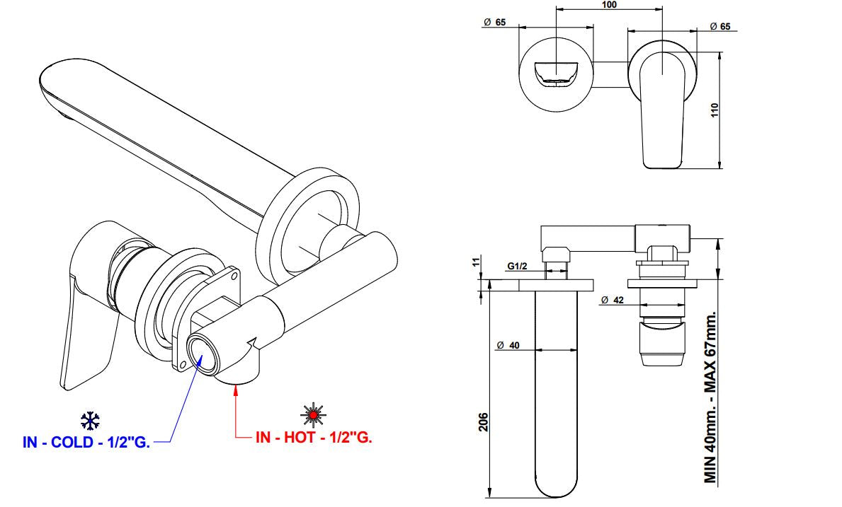 built-in basin mixer 206mm spout dimensions chart Bongio Gio2