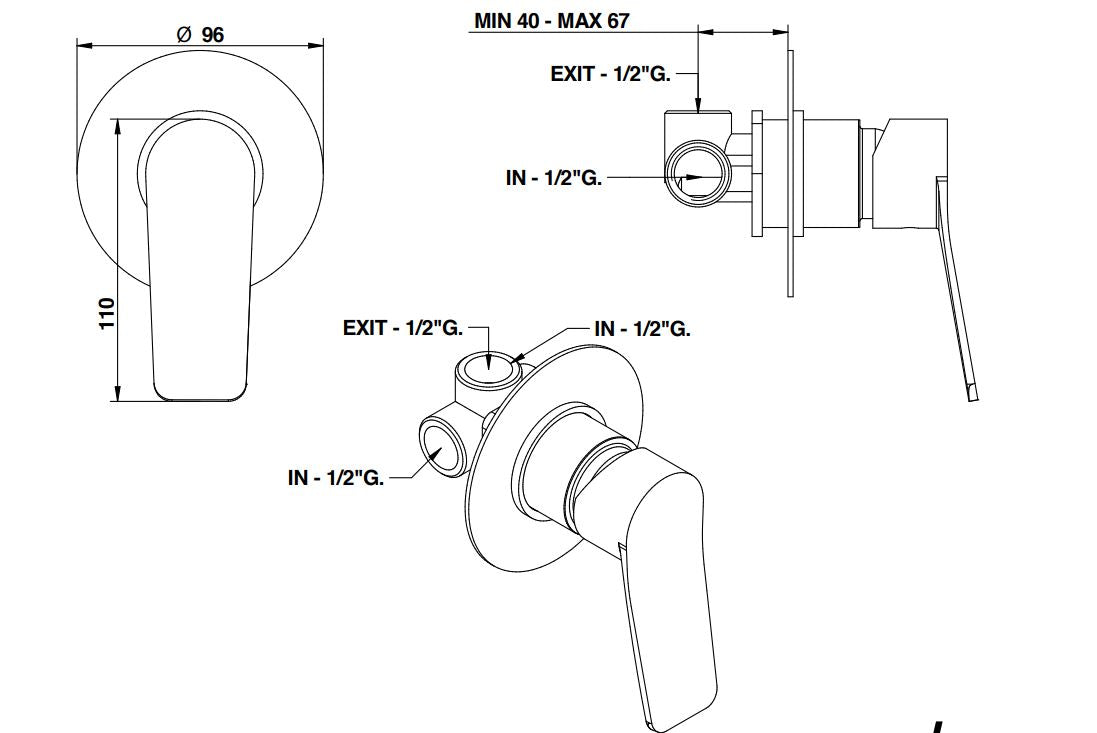 single way shower mixer dimensions chart Bongio Gio2