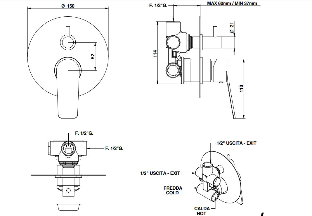 built-in shower mixer dimensions chart Bongio Gio2