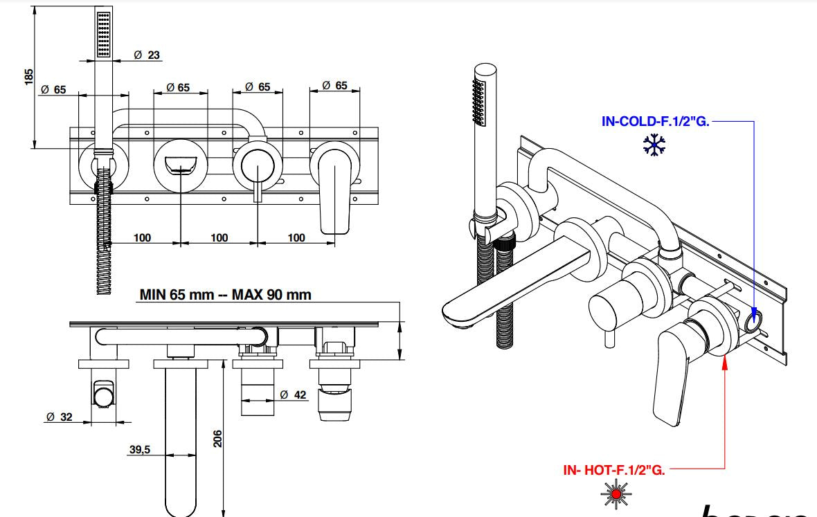 built-in bath mixer dimensions chart Bongio Gio2