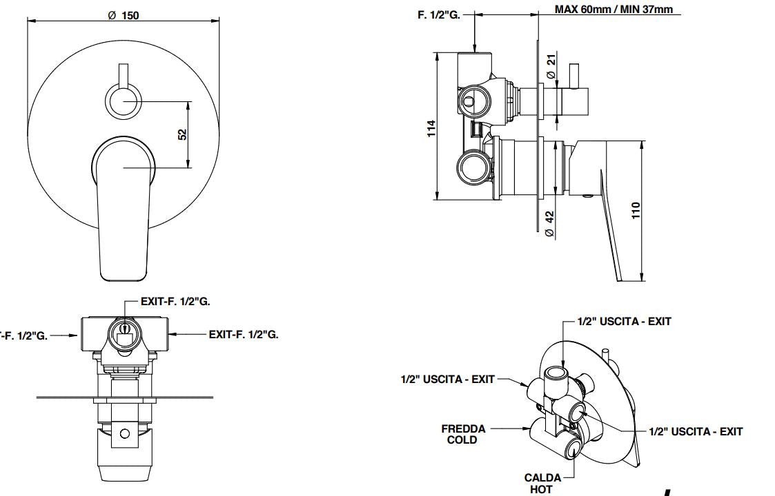 mixer with diverter dimensions chart Bongio Gio2