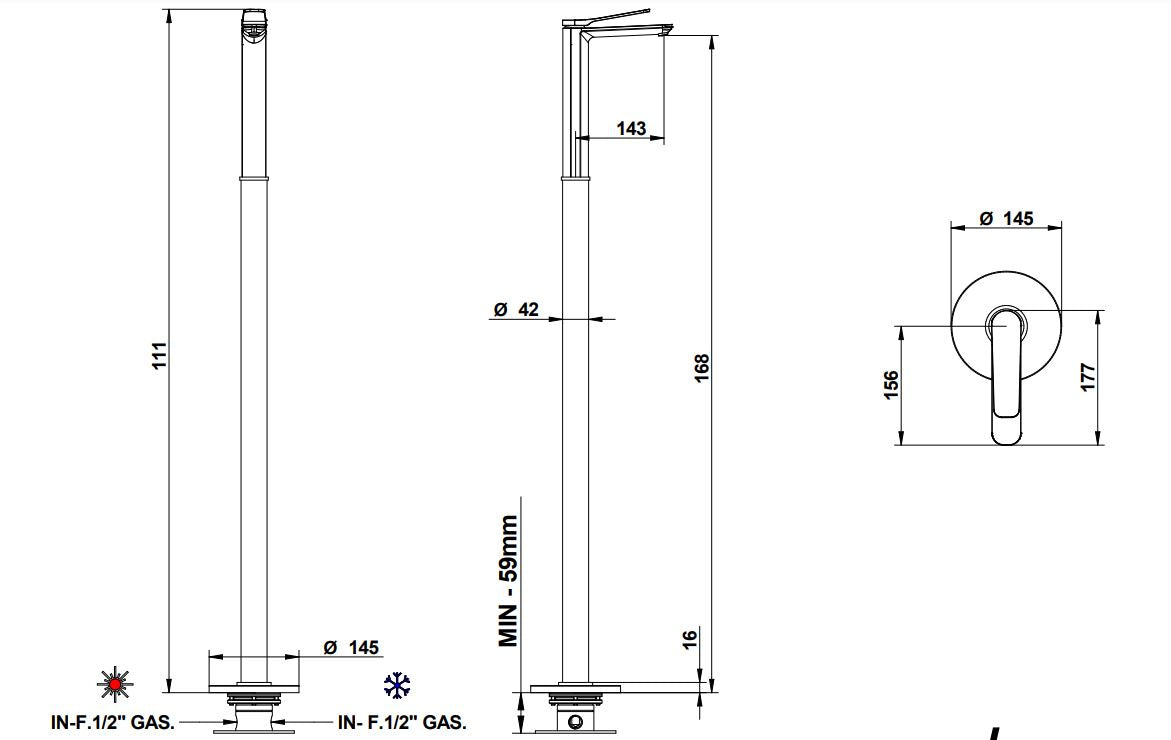 freestanding washbasin mixer dimensions chart Bongio Gio2