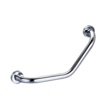 A silver-colored grab bar with a simple curved design, typically used for bathroom safety.