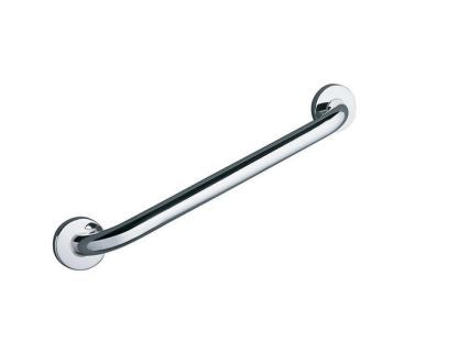 A silver-colored modern grab bar, likely made of stainless steel, with a reflective surface, mounted horizontally on a white wall.