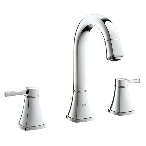 A set of Grandera 3-hole basin mixer faucets in various angles, showing the design and style of the product.