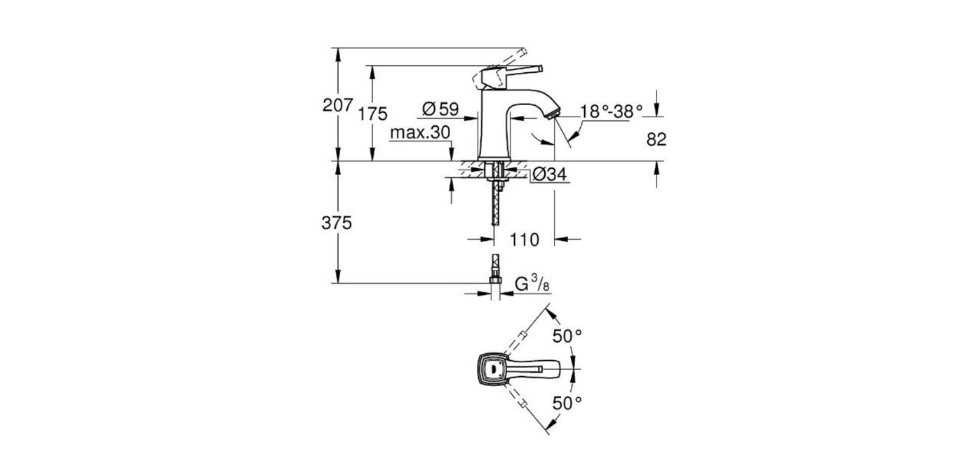 Grohe Grandera single lever basin mixer technical dimensions chart