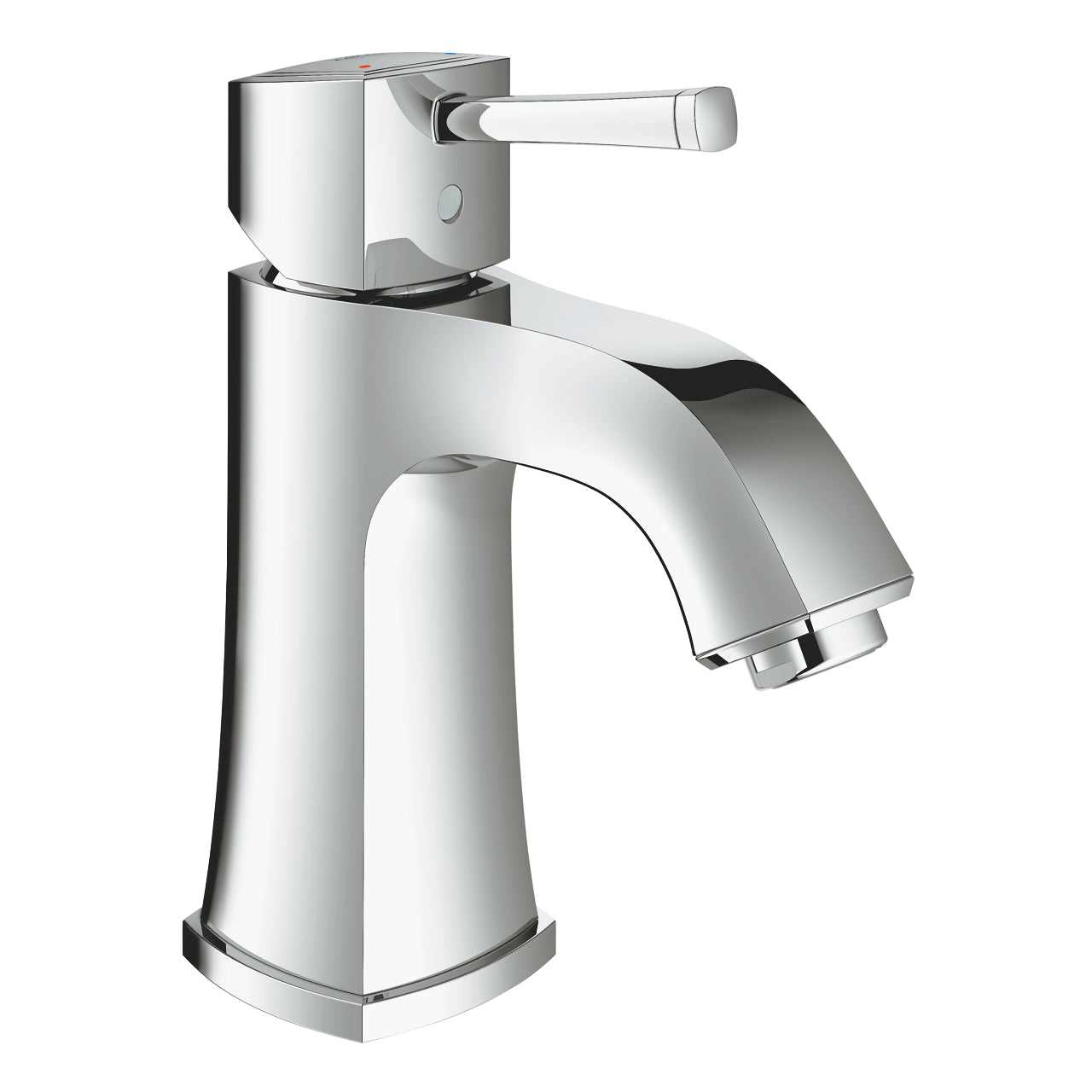 A chrome-plated single lever basin mixer with a squared design and a high arched spout.