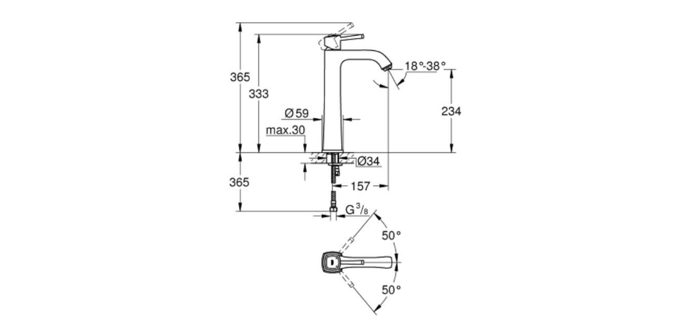 Grohe Grandera single lever basin mixer XL-Size technical dimensions chart