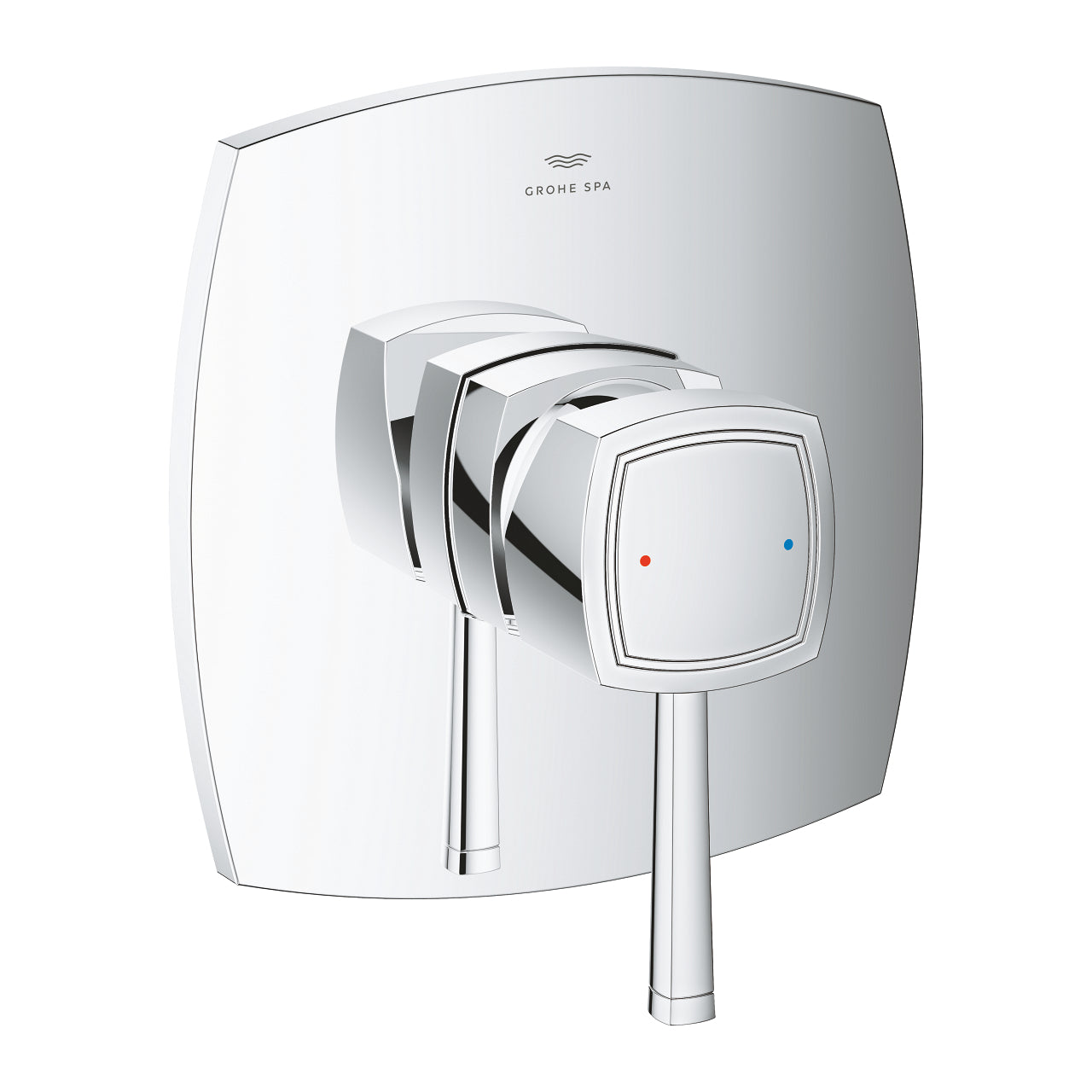 A white Grohe single-lever shower mixer trim mounted on a wall.