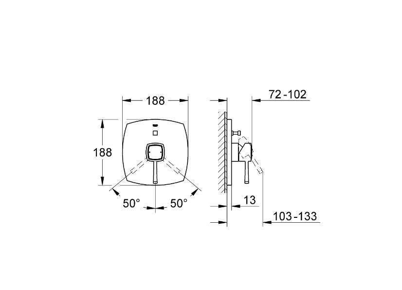 Grohe Grandera 2 way diverter mixer technical dimensions chart