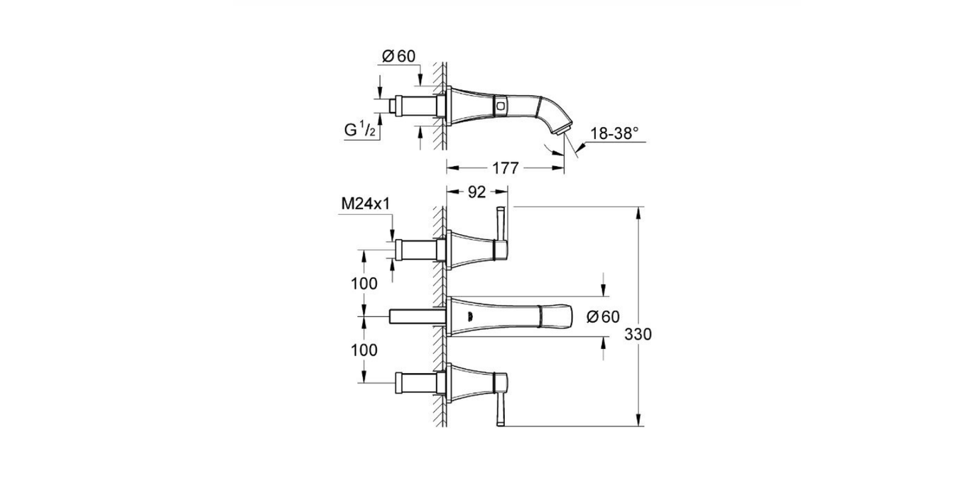 Grohe Grandera three hole wall mount basin mixer technical dimensions chart