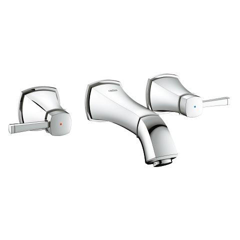 A two-handle, wall-mounted basin mixer with a chrome finish.