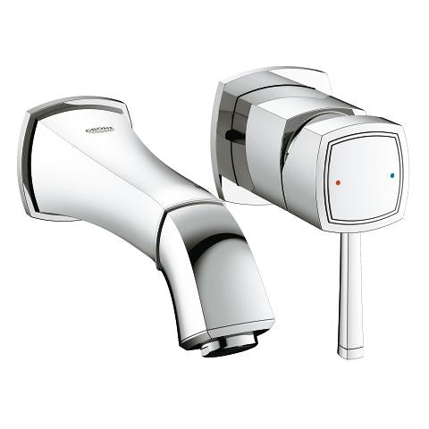 A two-hole wall faucet or basin mixer with a chrome finish, featuring a hand-held shower on the left and an adjustable shower head on the right.