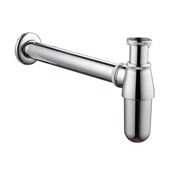A high round chrome plated siphon, likely a bathroom faucet or basin cabinet, with a shiny metallic finish.