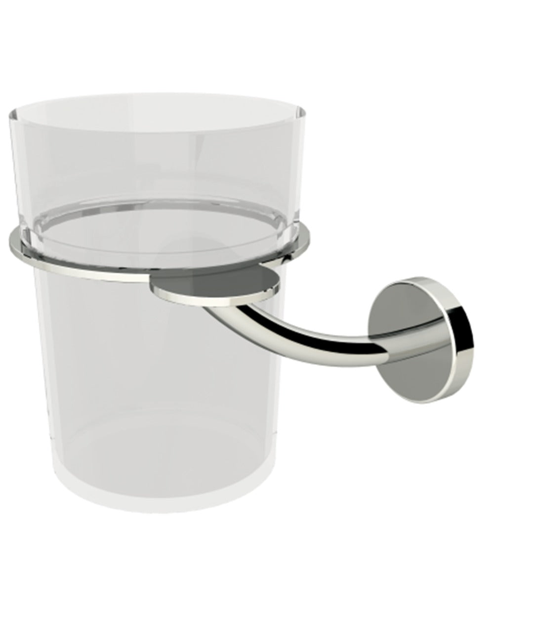 A wall-mounted metal holder with a glass cup, likely a toothbrush holder in a bathroom setting.