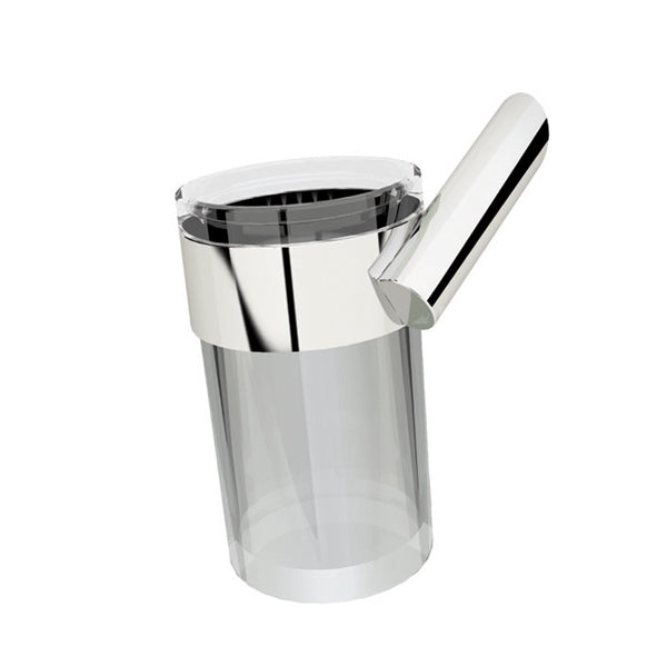 A clear plastic toothbrush bathroom holder with a silver metal lid and handle.