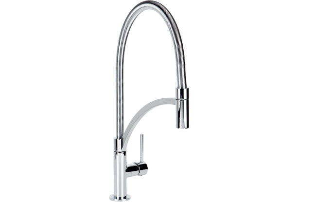 A silver-colored standing kitchen mixer with a side lever, isolated on a white background.