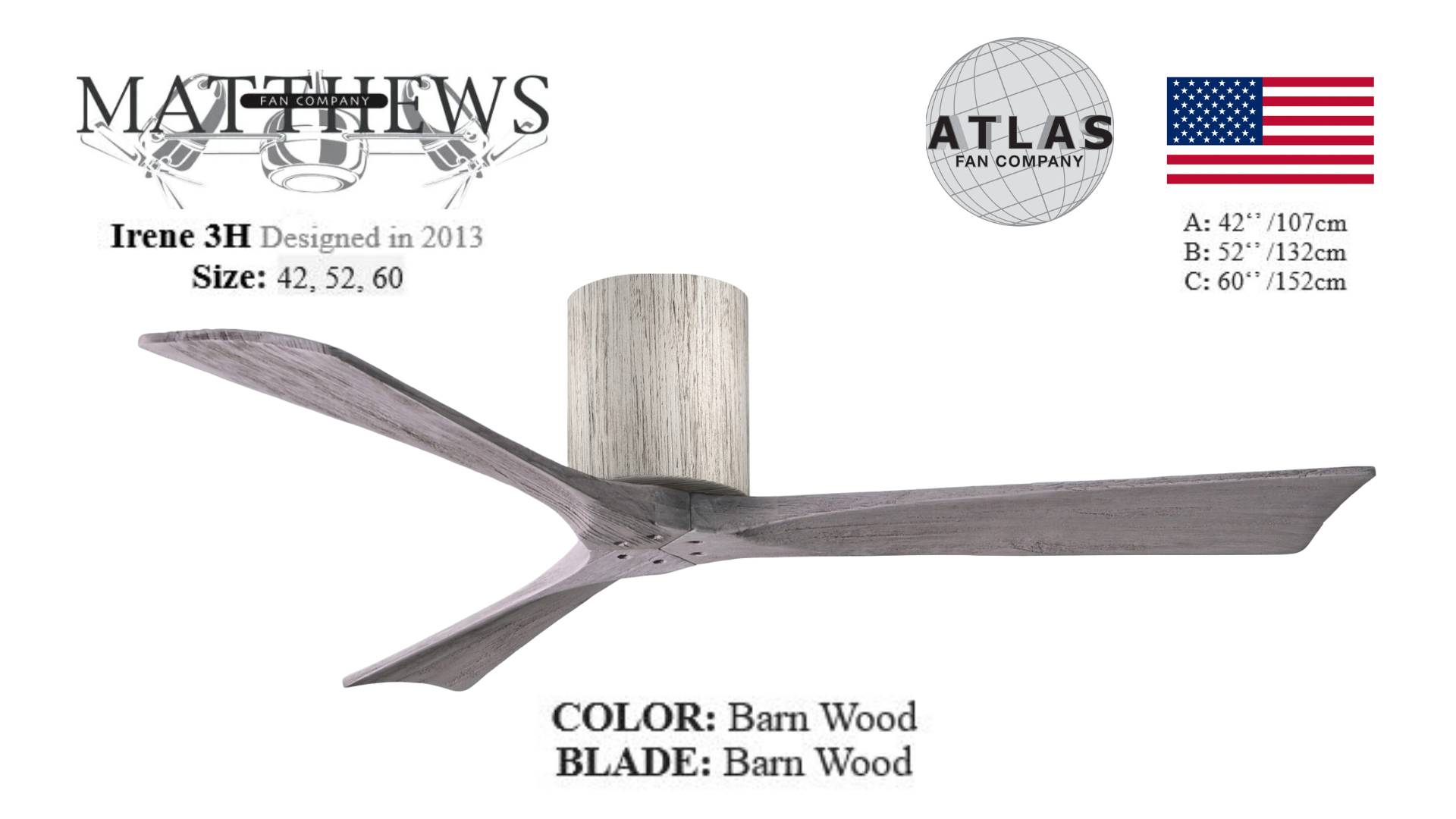 An Irene 3H Barn Wood Energy Efficient Ceiling Fan with matte black, matte white, walnut, or barn wood tone blades and an cylindrical motor housing.