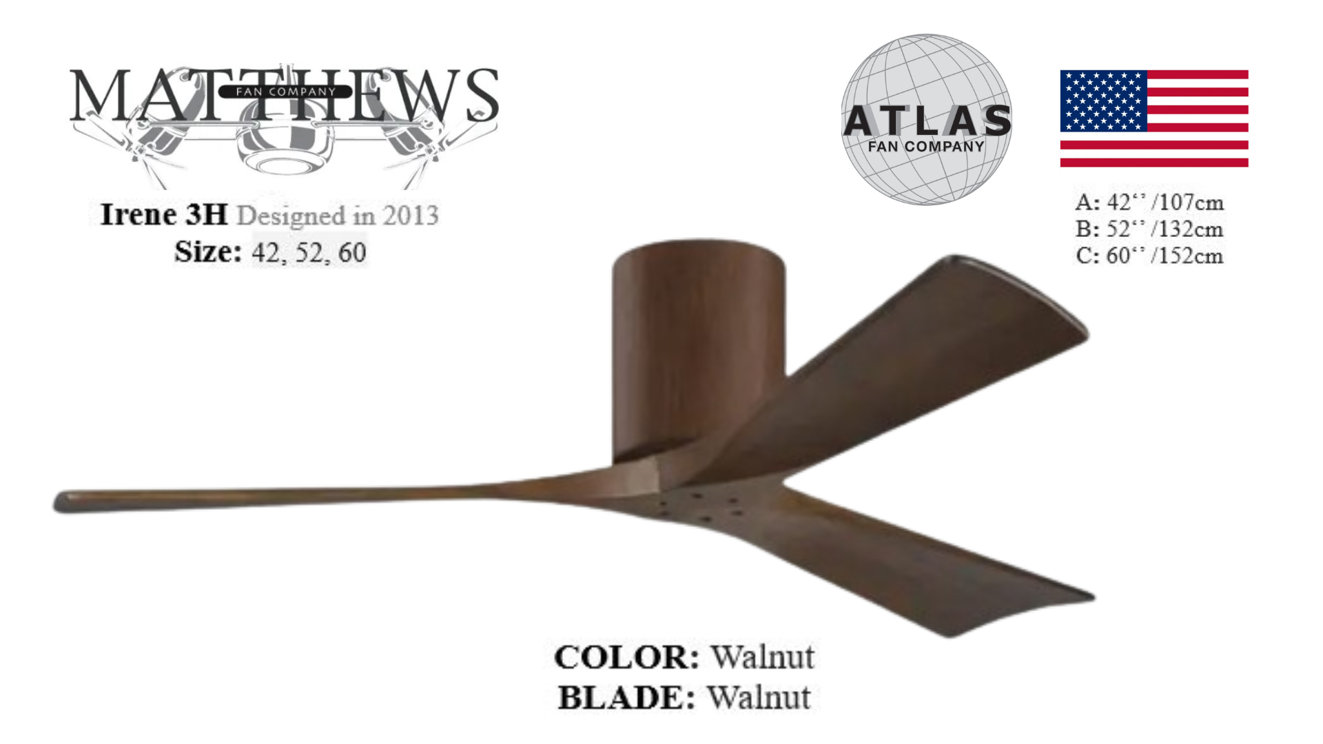 The image shows a walnut-colored ceiling fan with three blades and a cylindrical motor housing, designed by Matthews Atlas. The fan dimensions and color are highlighted.