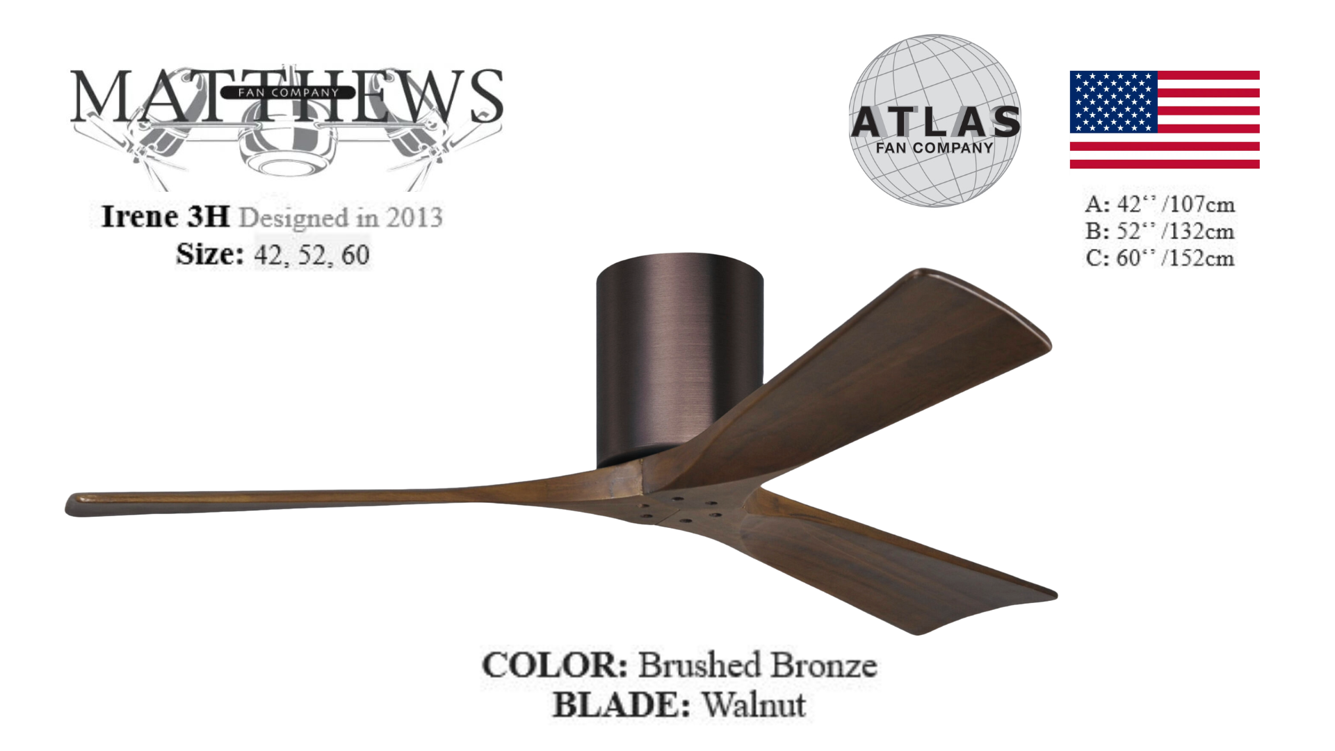 An Irene 3H outdoor ceiling fan with brushed bronze finish and walnut blades designed by Matthews. The fan is shown with three blades and a cylindrical motor housing.