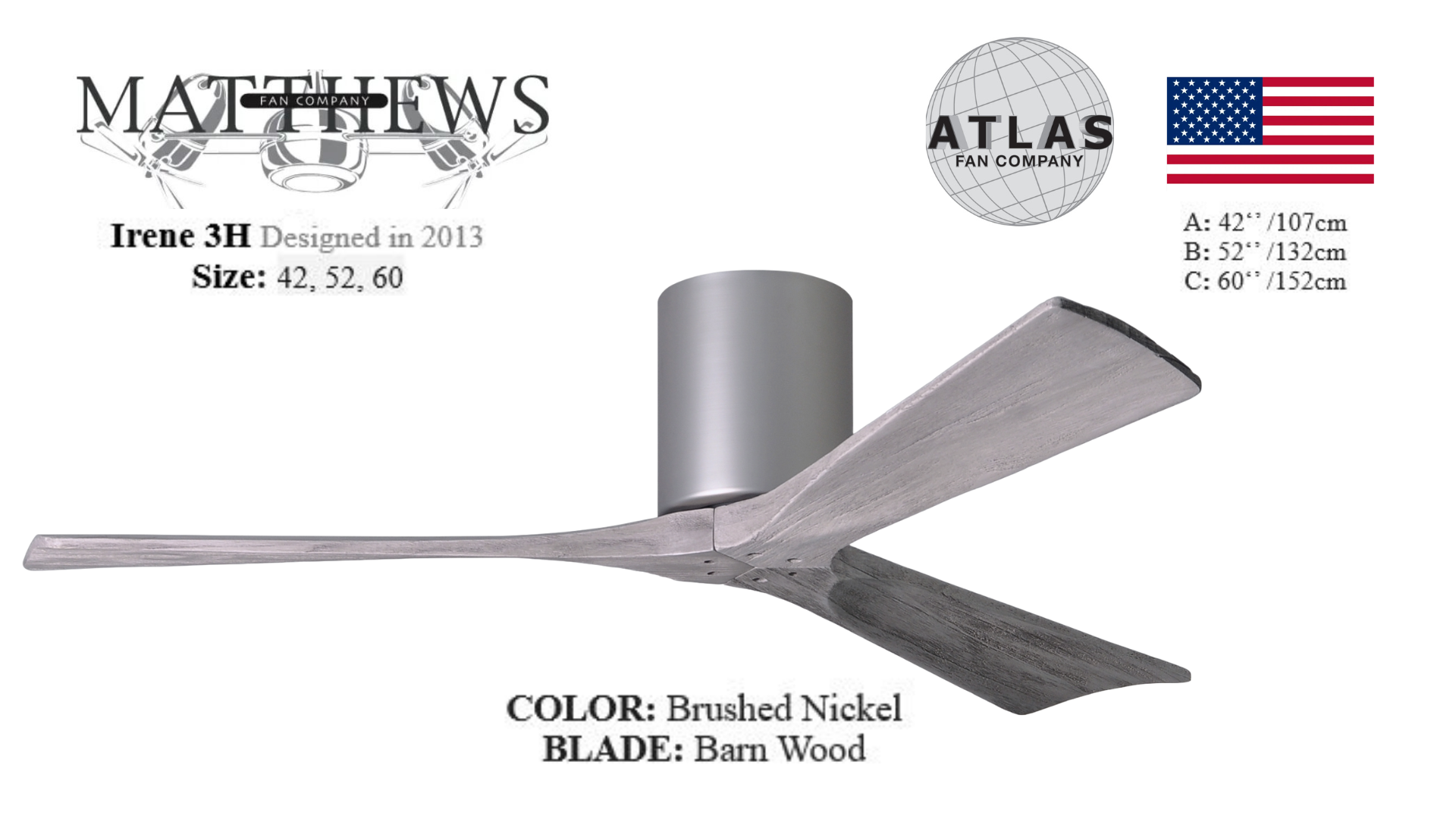 A Irene 3H brushed nickel ceiling fan with remote, featuring three blades in a combination of black, white, walnut, or barn wood tone, and a cylindrical motor housing.