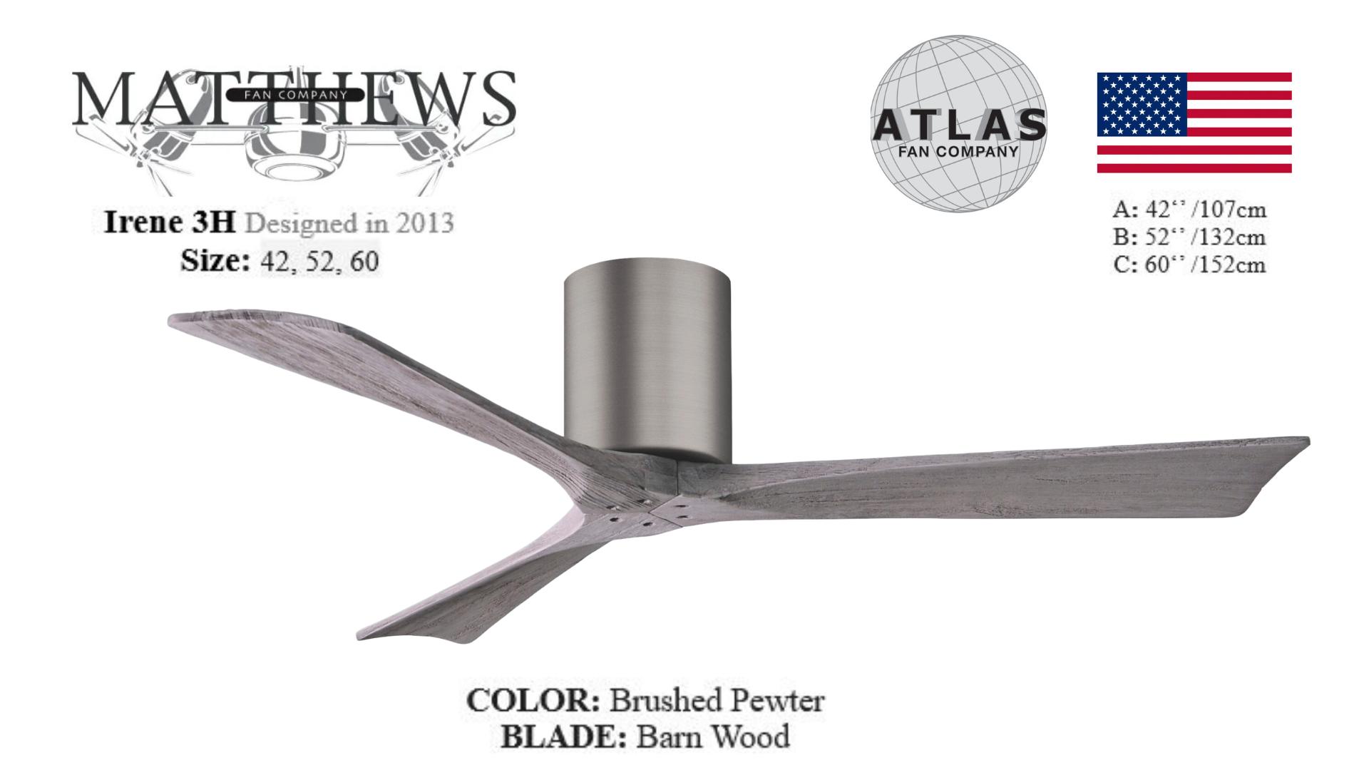 A Irene 3H brushed pewter ceiling fan with three blades, designed by Matthews. The fan is displayed against a white background with product information and the American flag.