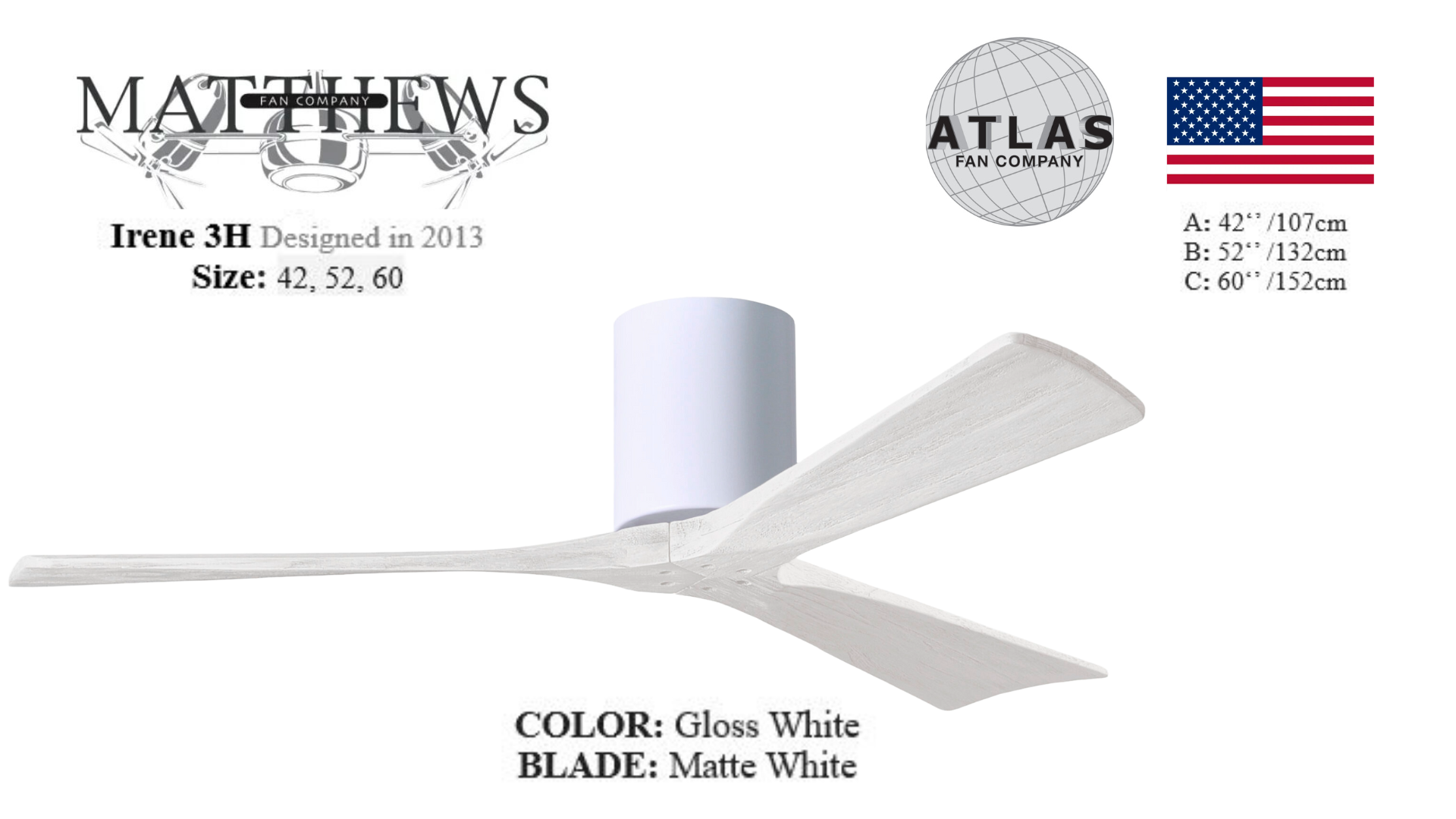 A Irene 3H Gloss White Ceiling fan with matte white blades, cylindrical motor housing, and rectangular control remote.