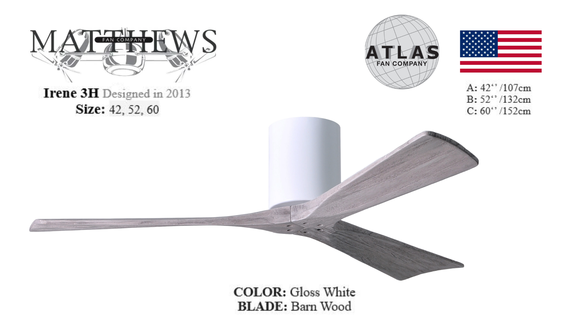 Irene 3H gloss white ceiling fan – silent 3-blade fan with a minimalist design for luxury interiors in Pakistan