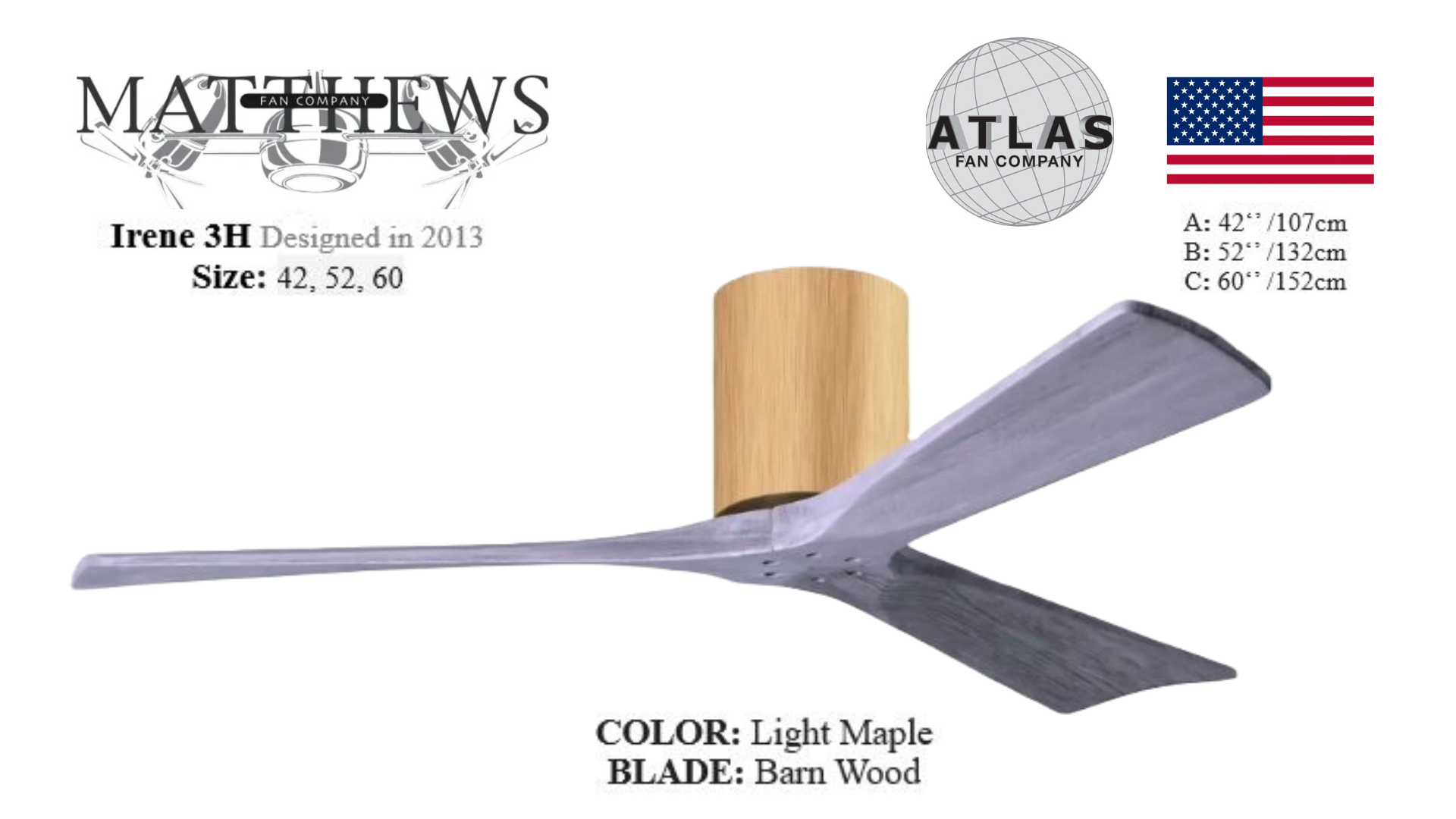 A Irene 3H Light Maple ceiling fan with matte black, walnut, or barn wood tone blades and a cylindrical motor housing in a light maple color.