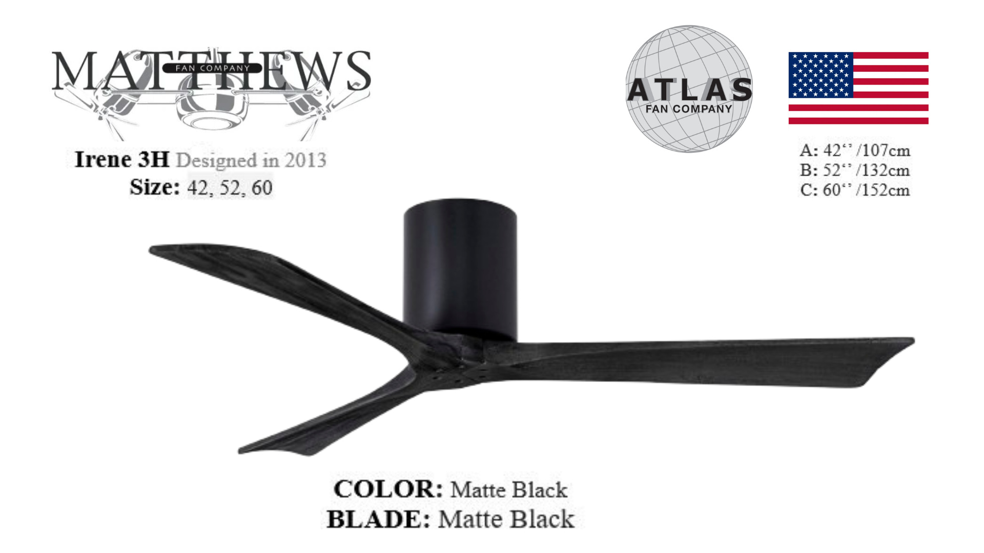 A matte black wood ceiling fan with three blades and a cylindrical motor housing.