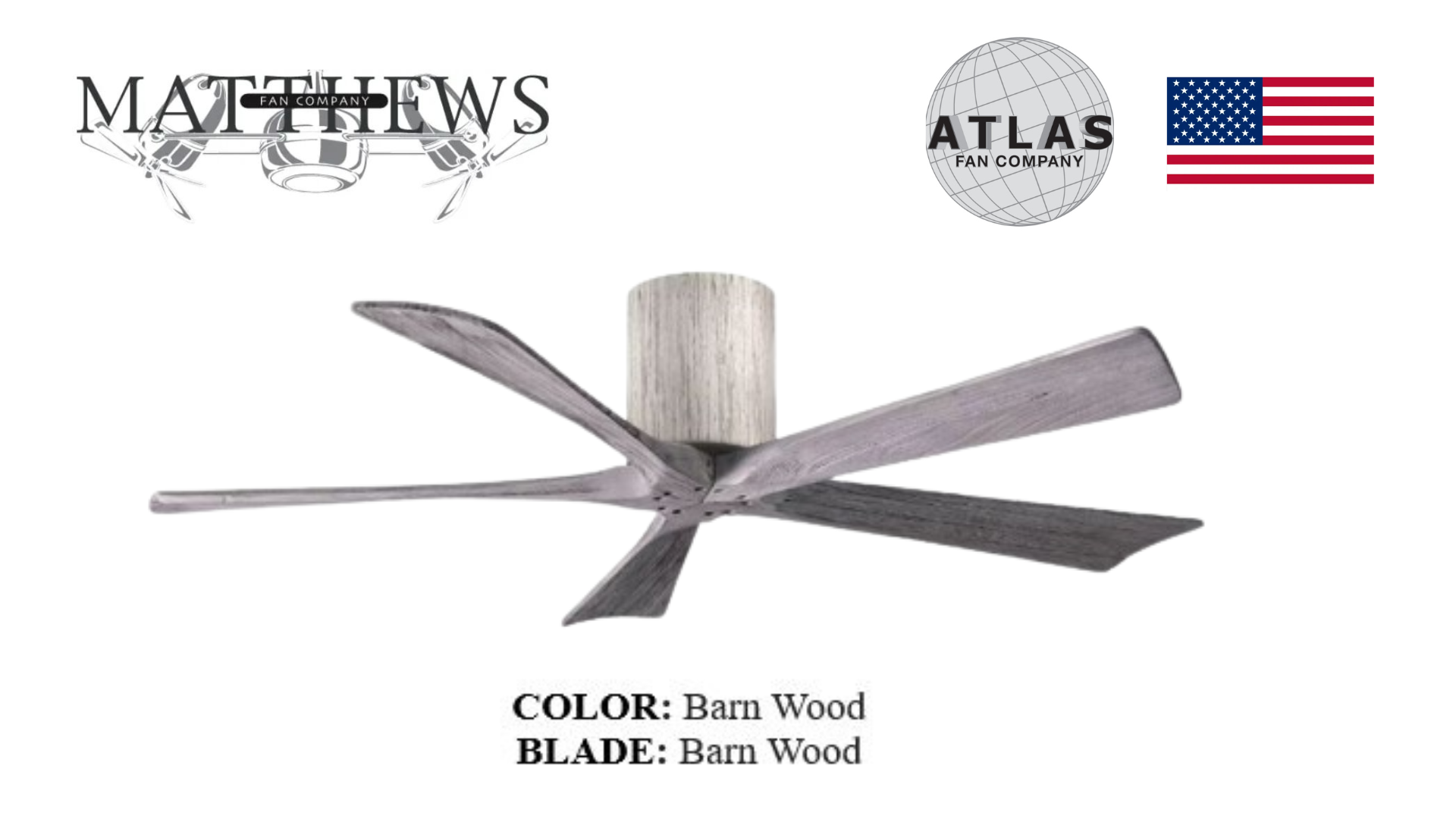A Irene 5H Barn Wood Ceiling Fan with five blades in a barn wood color, mounted on a ceiling, with the logos of Matthews and Atlas visible in the image.