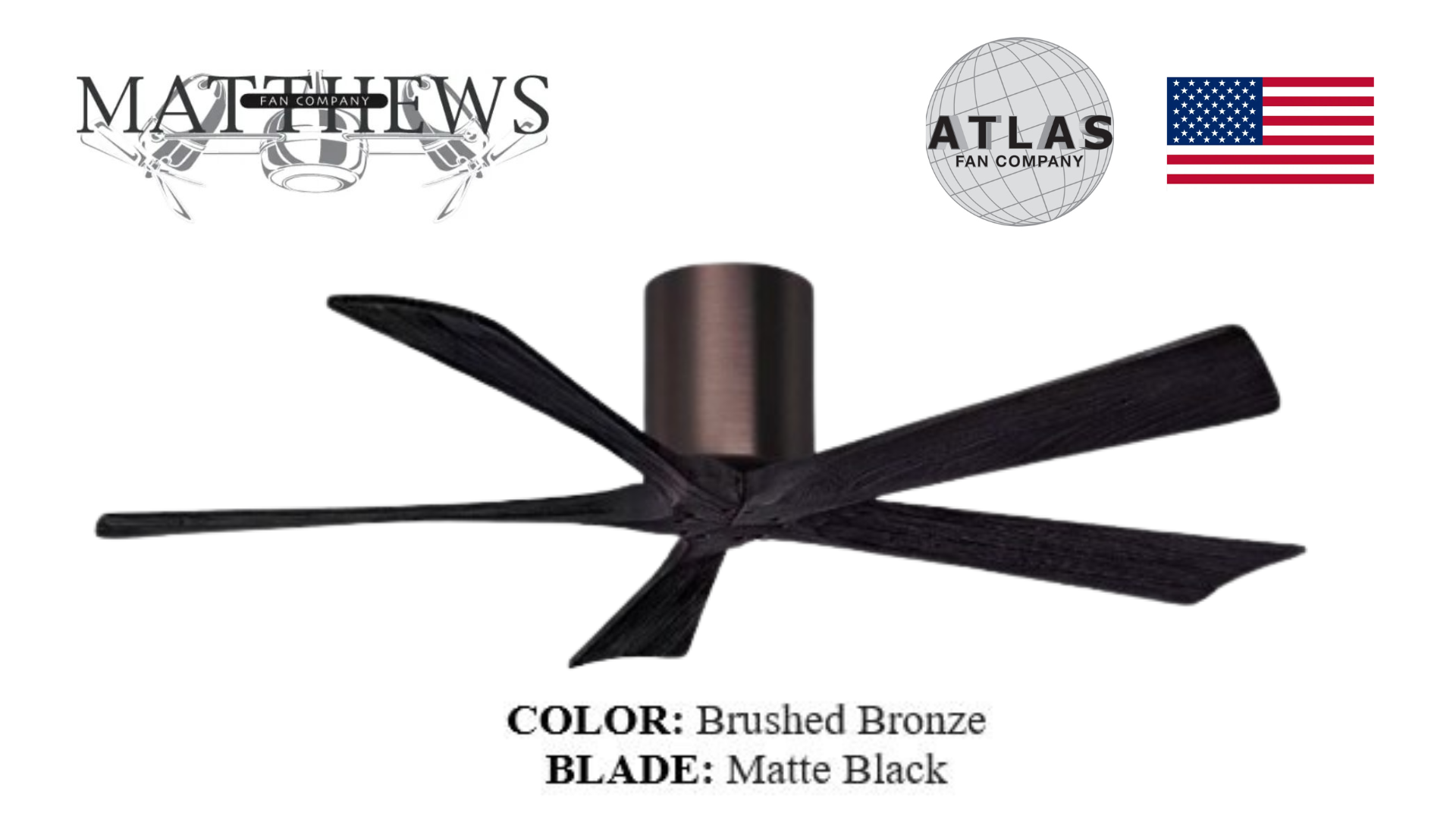 Brushed Bronze Designer Ceiling Fan with matte black blades and cylindrical motor housing.