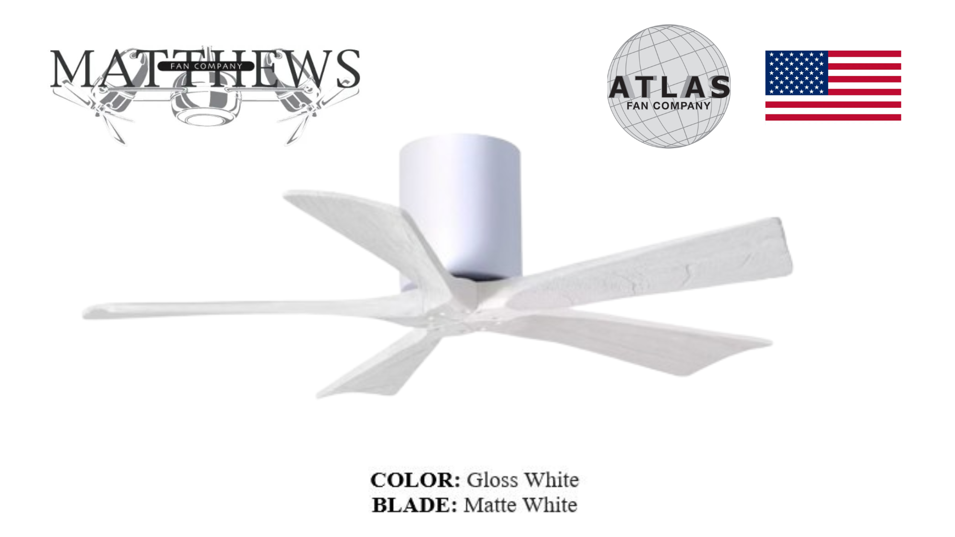 A gloss white ceiling fan with five blades, the fan is mounted on a white ceiling with a minimal profile design.