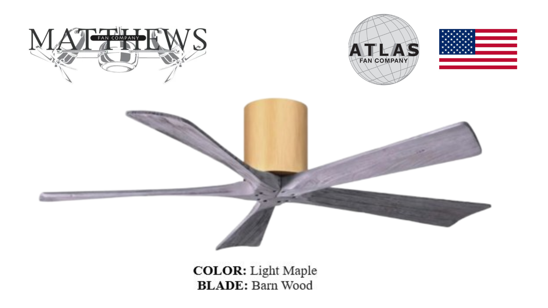 A ceiling fan with light maple wood blades and a cylindrical motor housing, branded by Irene.