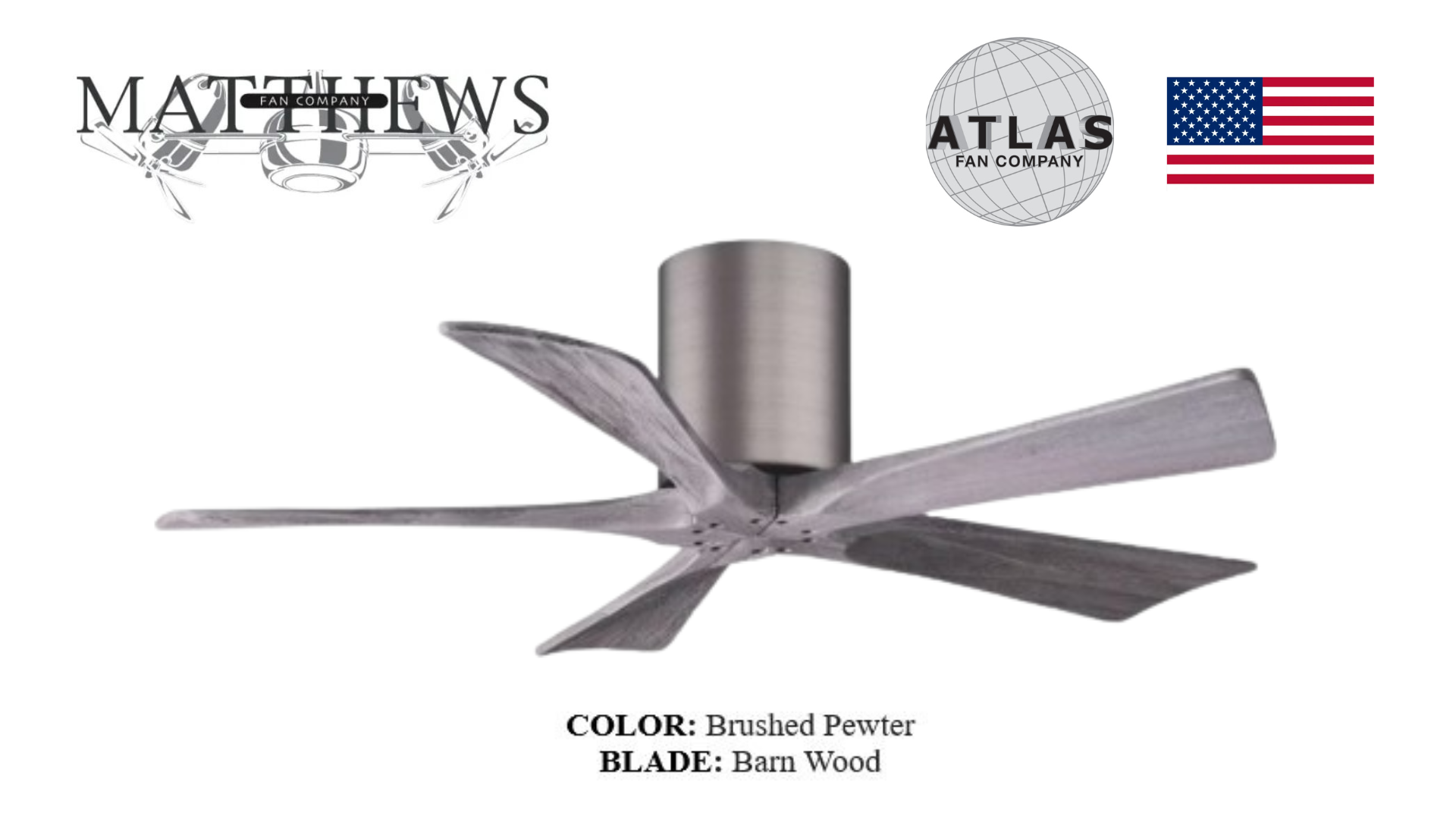 A premium ceiling fan with five blades in a brushed pewter finish, marketed by Irene-5H.