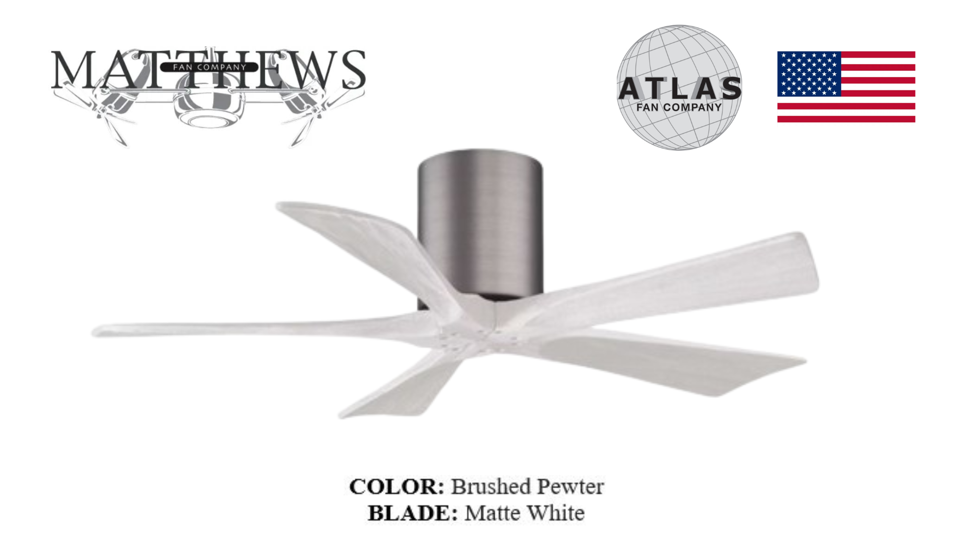 Designer brushed pewter ceiling fan with 5-blade flush mount design and energy-efficient DC motor