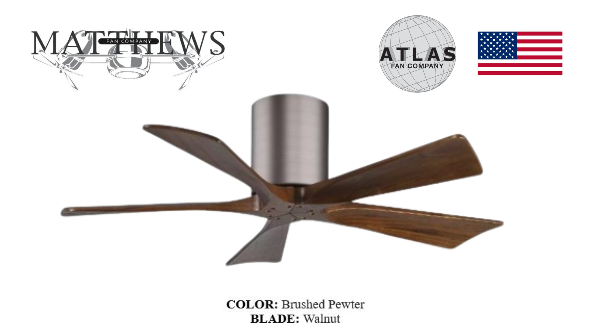 Designer brushed pewter ceiling fan with 5-blade flush mount design and energy-efficient
