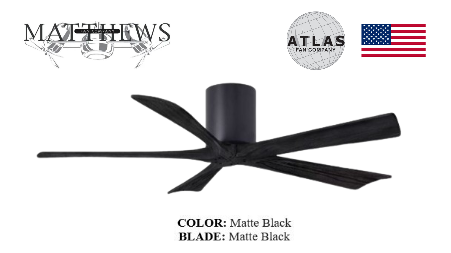 Matte black ceiling fan with five blades and a cylindrical motor housing, marked with the Irene-5H brand.