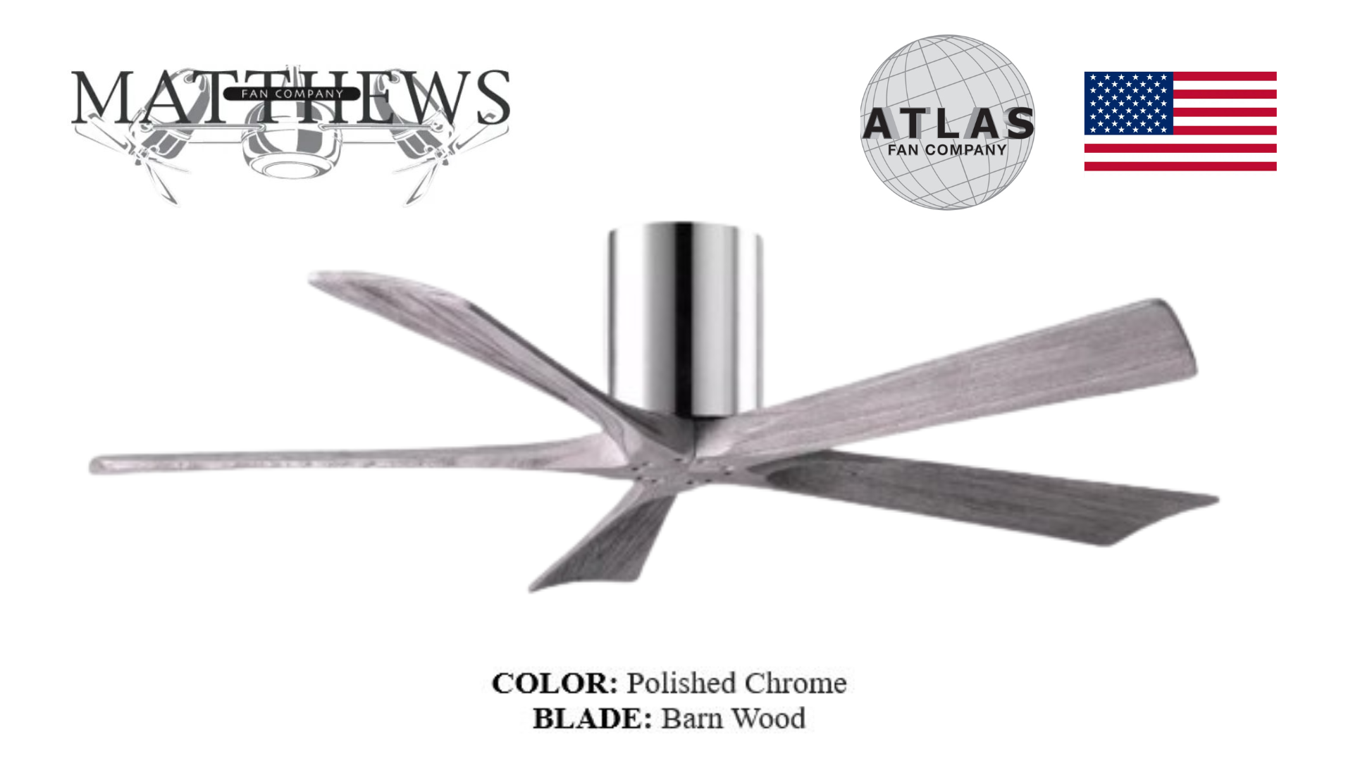 A Irene 5H polished chrome quiet ceiling fan with blades in a rustic wood finish.